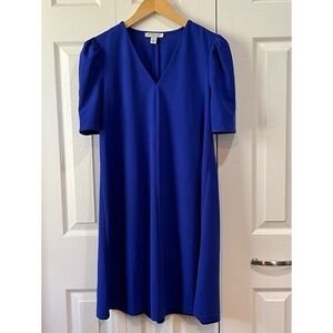 London Style Royal Blue V Neck Short Puff Sleeve Midi Dress 2